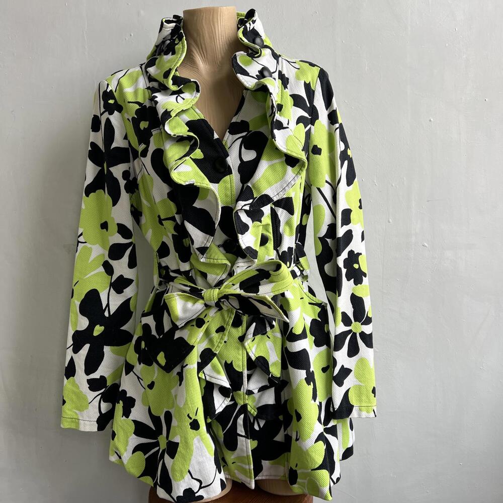 Joseph Ribkoff Women’s Floral Ruffle Jacket Coat Size 12 Green Black Y2K Artsy - Picture 12 of 15